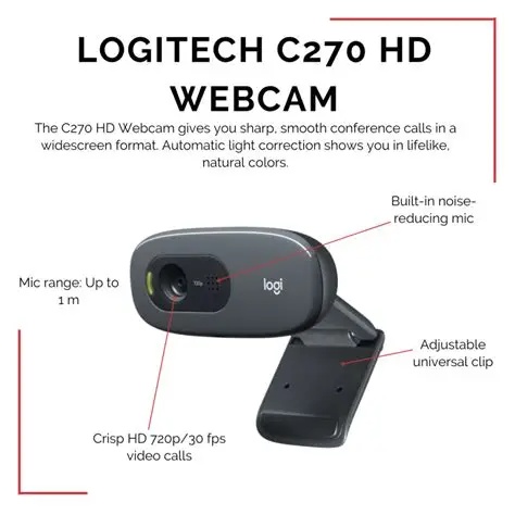 Logitech C270 HD Webcam, 720p Video With Noise Reducing Mic