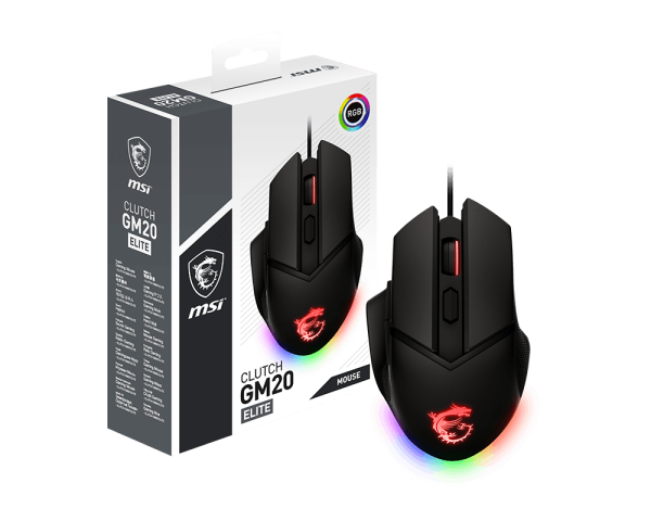 MSI Clutch GM20 Elite Gaming Mouse, 6400 DPI, 20M+ Clicks OMRON Switch, Optical Sensor, Adjustable Weights, Ergonomic Right Hand Design, RGB Mystic Light