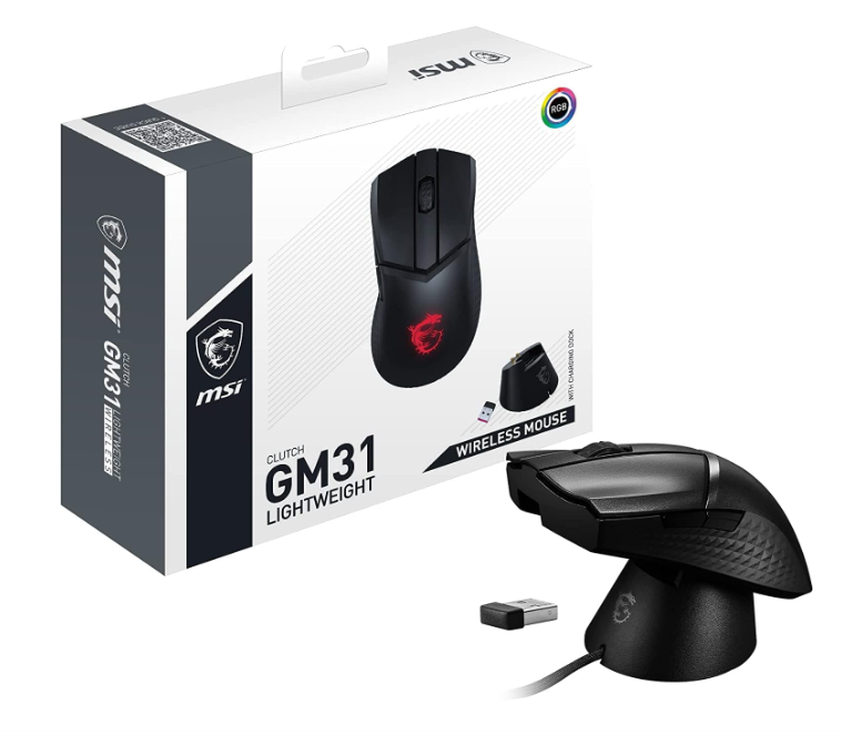 MSI Clutch GM31 Lightweight Wireless Ergonomic Gaming Mouse &amp; Charging Dock, 12K DPI Optical Sensor, 60M Omron Switches, Fast-Charging 110Hr Battery, RGB Mystic Light, 5 Programmable Buttons, PC/Mac