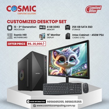 Intel i5 3rd Gen Desktop | 8GB DDR3 RAM | 256GB SATA SSD | CPU Cooling Fan | 19” HD Monitor | USB Keyboard & Mouse | 450W PSU & Intex Cabinet | 6-Month Warranty