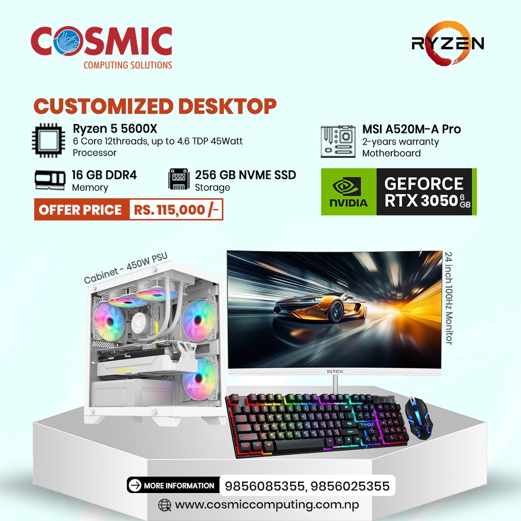 Ryzen 5 5600X Gaming Desktop | RTX 3050 6GB | 16GB DDR4 RAM | 256GB SSD | 24” 100Hz HD Monitor | RGB Keyboard &amp; Mouse | ANT CV200 White Case &amp; 450W PSU